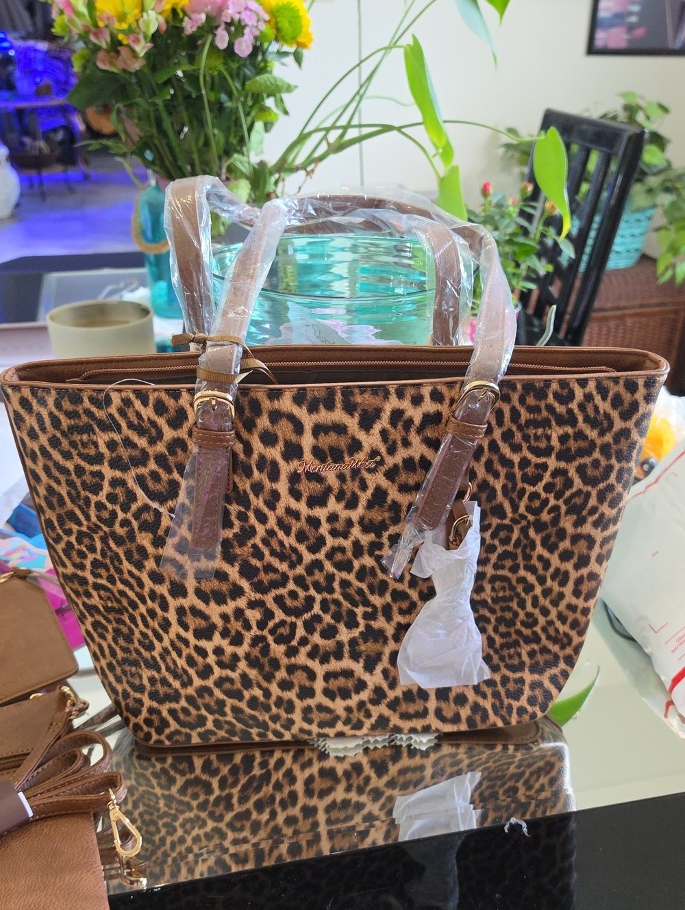 3 Pc Set Montana West Leopard Print Tote with Brown Trim